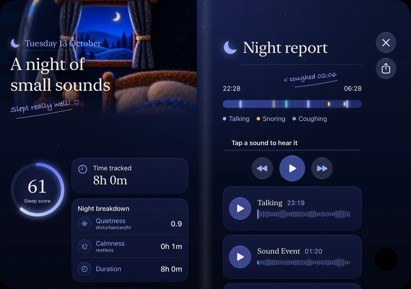 SleepLog on iPhone Duo opened like a book: the night's score on the left page, the night report timeline and recordings on the right
