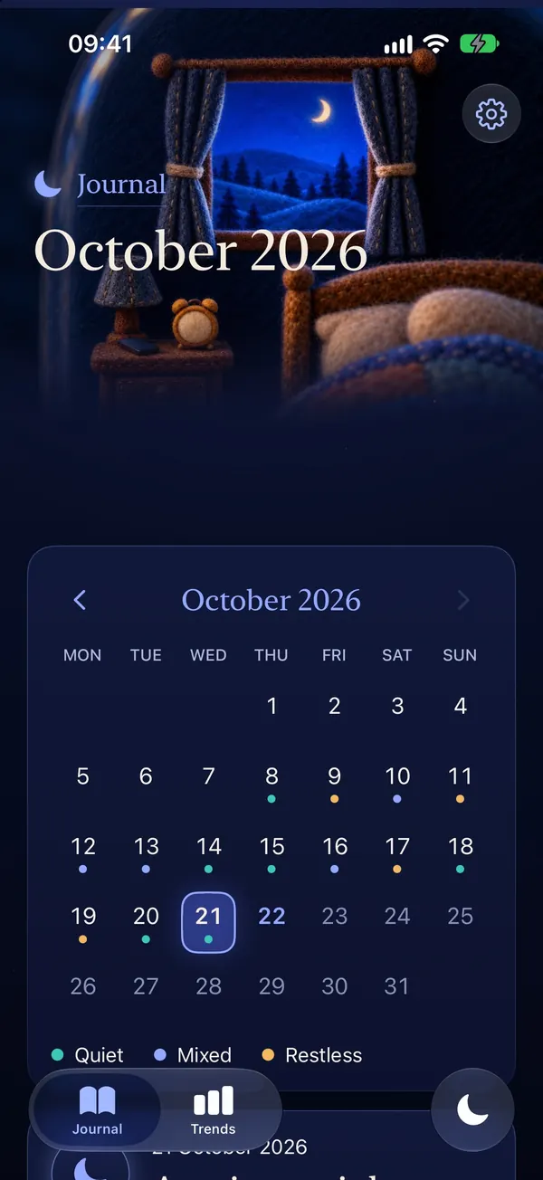 SleepLog Journal: October calendar with each night marked quiet, mixed or restless