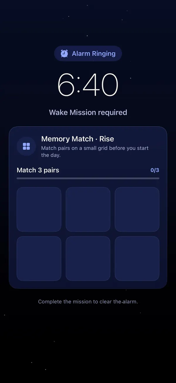 Alarm ringing with a Memory Match Wake Mission: match 3 pairs