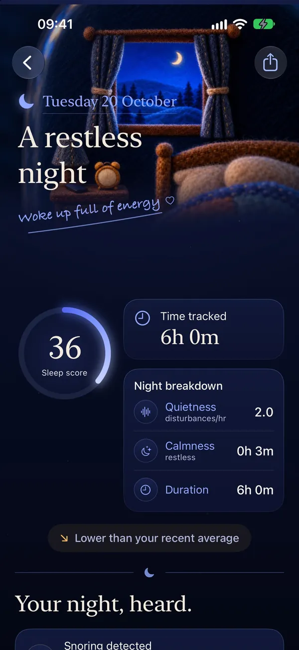 A night in SleepLog: A restless night, sleep score 36, with the night breakdown and Your night, heard